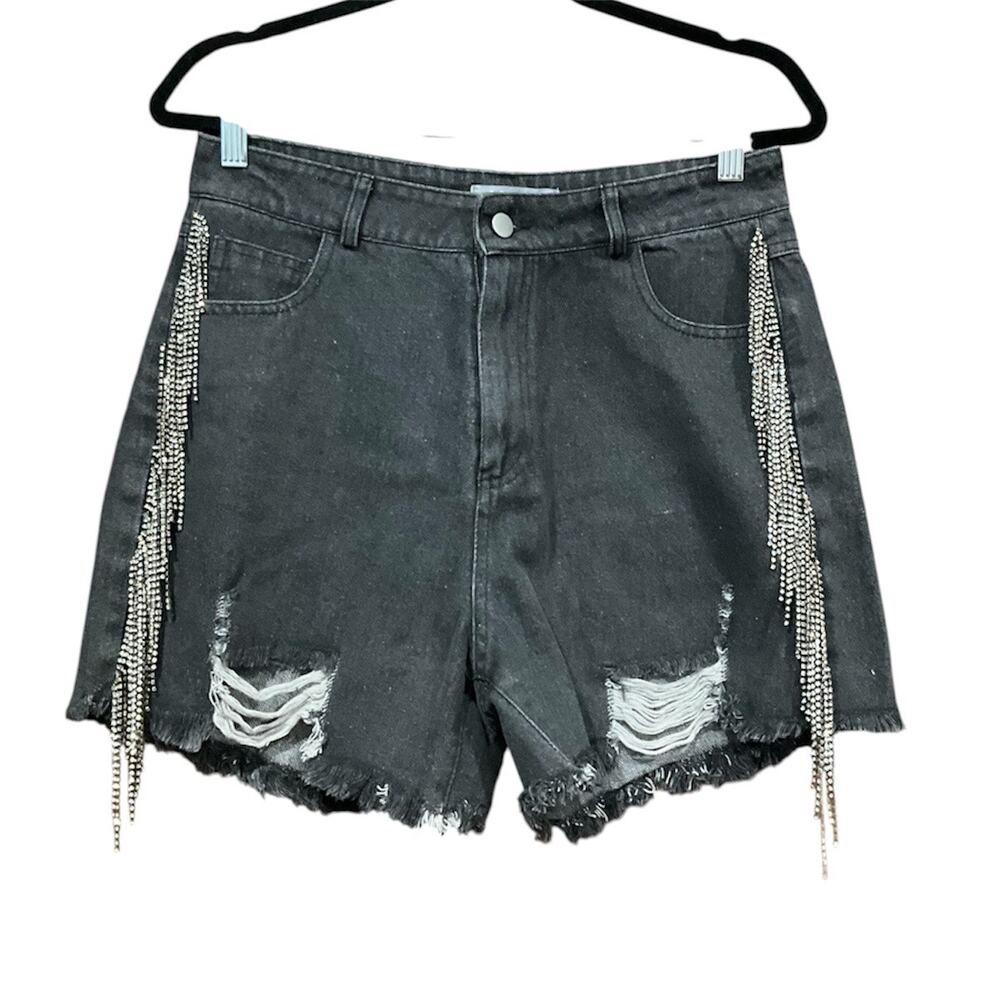 Blue B Denim Rhinestone Shorts Women Black Large